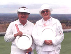 (Left to Right) Dr. Frank Stuart, owner and croquet impressario of Rancho Pancho, won the Championship Flight of the first tournament on the new court.  With him, Jean Winterhalder, winner of 