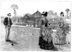 The last croquet 
game of the season, from <I>Illustrated London News</I>, 28 September 1872.  The accompanying 
review of the Wimbledon season commented on the figure at left: 
